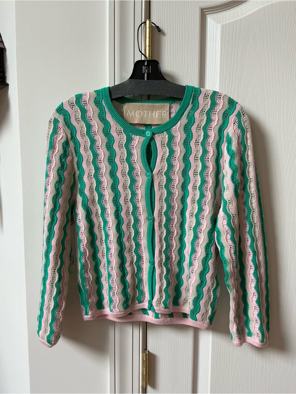 MOTHER THE CREWNECK CARDIGAN SWEATER IN POI GREEN PINK COMBO